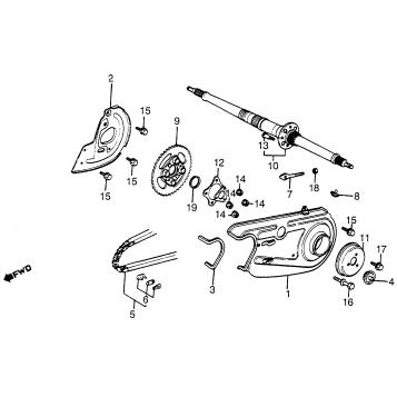 REAR WHEEL AXLE + CHAIN CASE