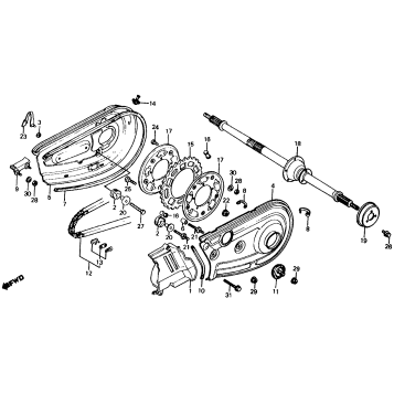 185/200 REAR WHEEL AXLE + CHAIN CASE 80-82