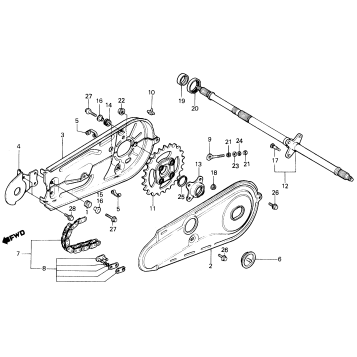 REAR WHEEL AXLE + CHAIN CASE