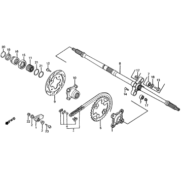 REAR WHEEL AXLE + DRIVE CHAIN