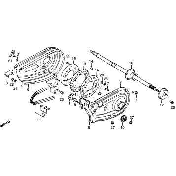 REAR WHEEL AXLE + CHAIN CASE