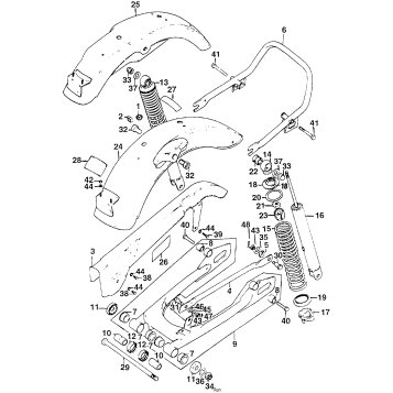 REAR SHOCK ABSORBER + SWINGARM + REAR FENDER