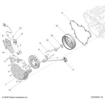 ENGINE, STATOR AND FLYWHEEL