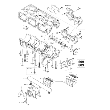 01- Crankcase, Reed Valve, Water Pump (699,809)