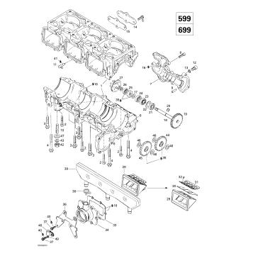 01- Crankcase, Reed Valve, Water Pump (599, 699)