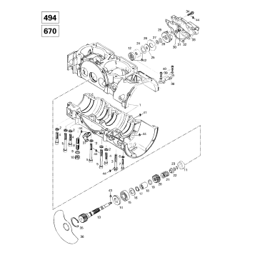 01- Crankcase, Rotary Valve, Water Pump (494, 670)