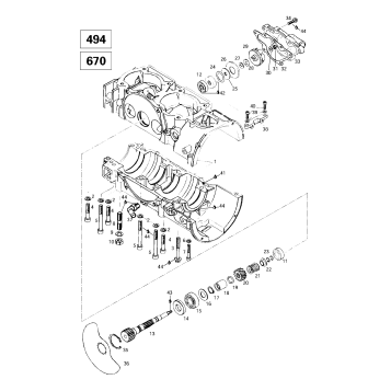 01- Crankcase, Rotary Valve, Water Pump (494, 670)