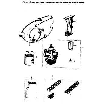 PISTON - CRANKCASE COVER - CARBURETER - DRIVE CHAIN - KICK STARTER LEVER