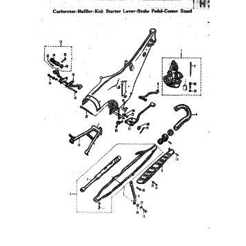 CARBURETOR-MUFFLER-KICK STARTER LEVER-BRAKE PEDAL-CENTER STAND