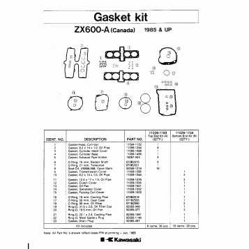 GASKET KIT ZX600-A (CANADA) 1985 & UP