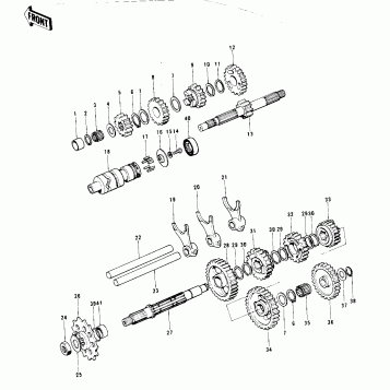 TRANSMISSION/CHANGE DRUM & FORKS ('74 KX
