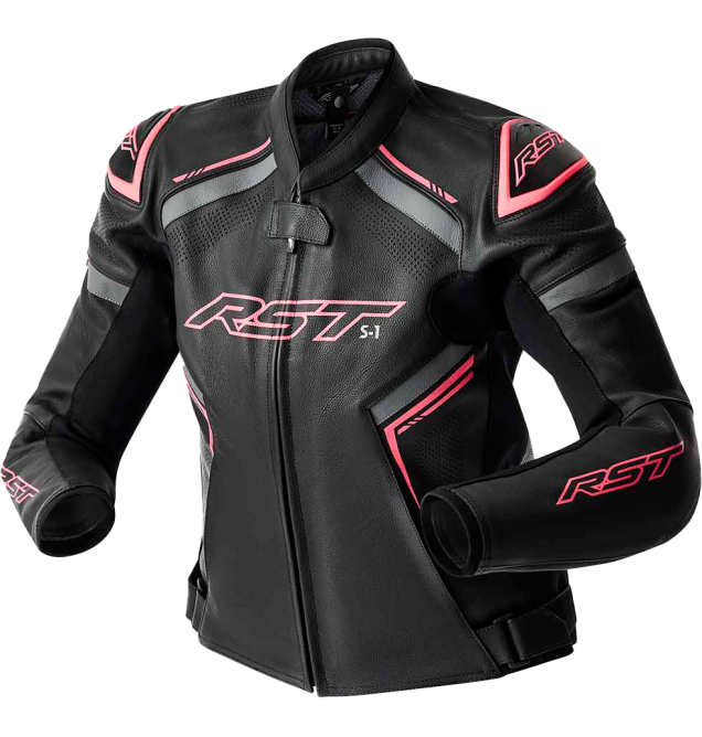 S1 D3O LEATHER LADIES JACKET BLK/FLO PINK SM